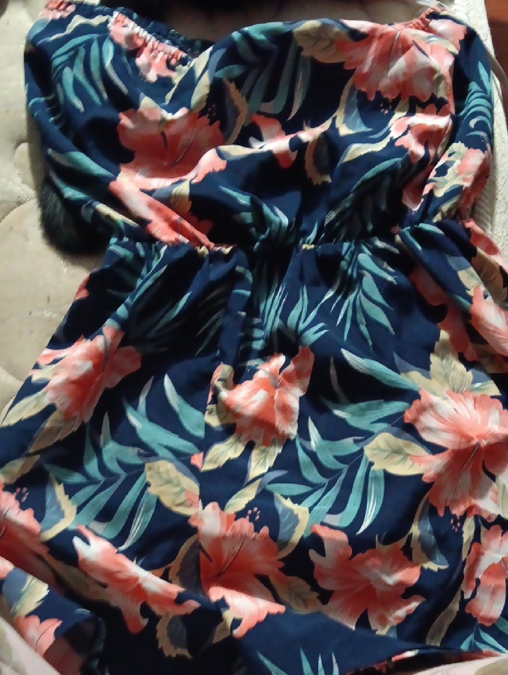 Navy Floral Strapless Romper with Coral Hibiscus Print